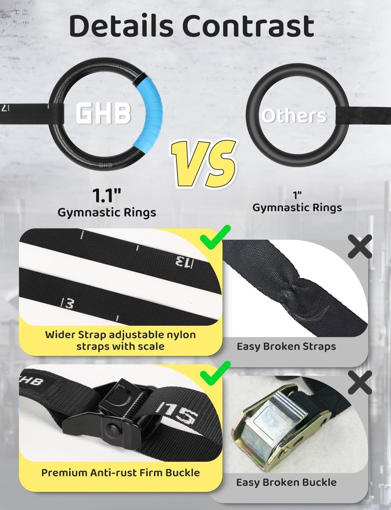 GHB Gymnastic Rings Gym Rings 1.1" Olympic Rings Adjustable Straps Pull Up Rings Sets for Workout Bodyweight Fitness Training - Image 2